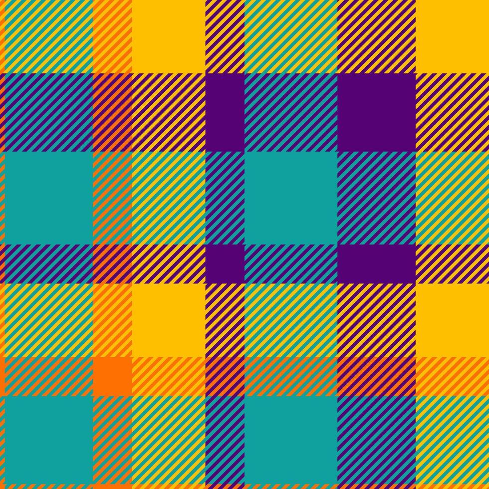 Tweed seamless check , mat background plaid fabric. Festive textile pattern texture tartan in teal and golden poppy colors. vector