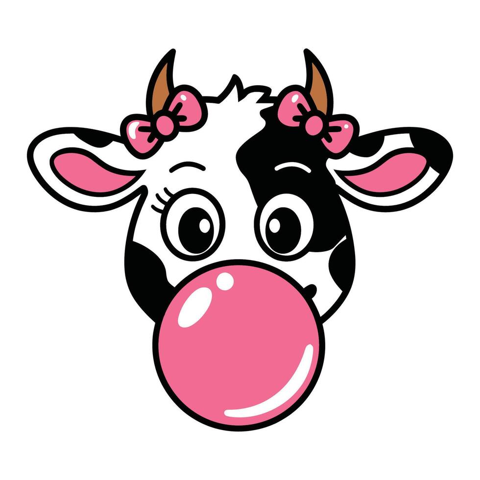 Cute Cow Blowing Bubblegum with Pink Bows Illustration vector
