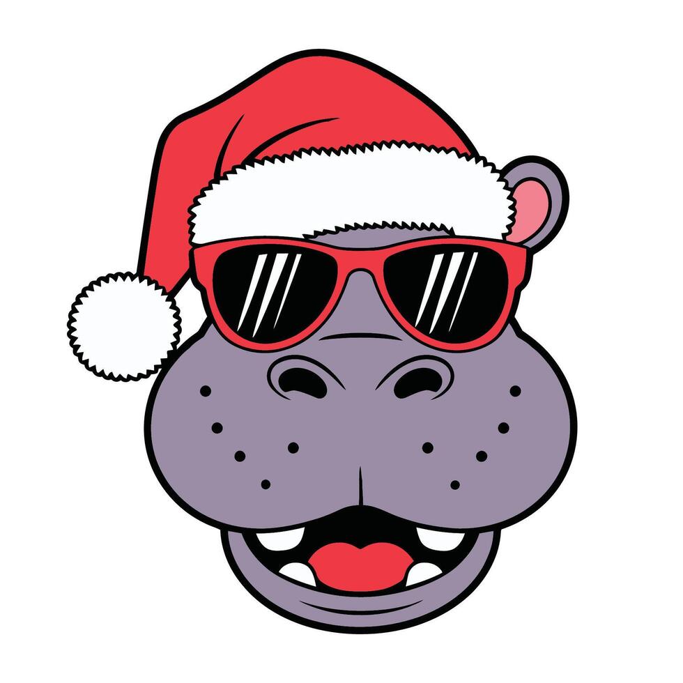 Cool Hippo with Santa Hat and Sunglasses vector