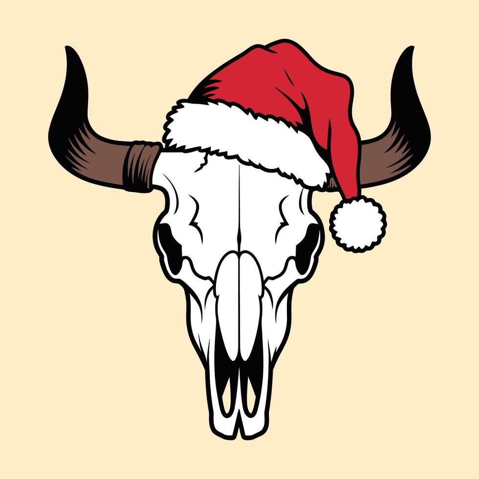 Bull Skull with Christmas Hat Illustration vector
