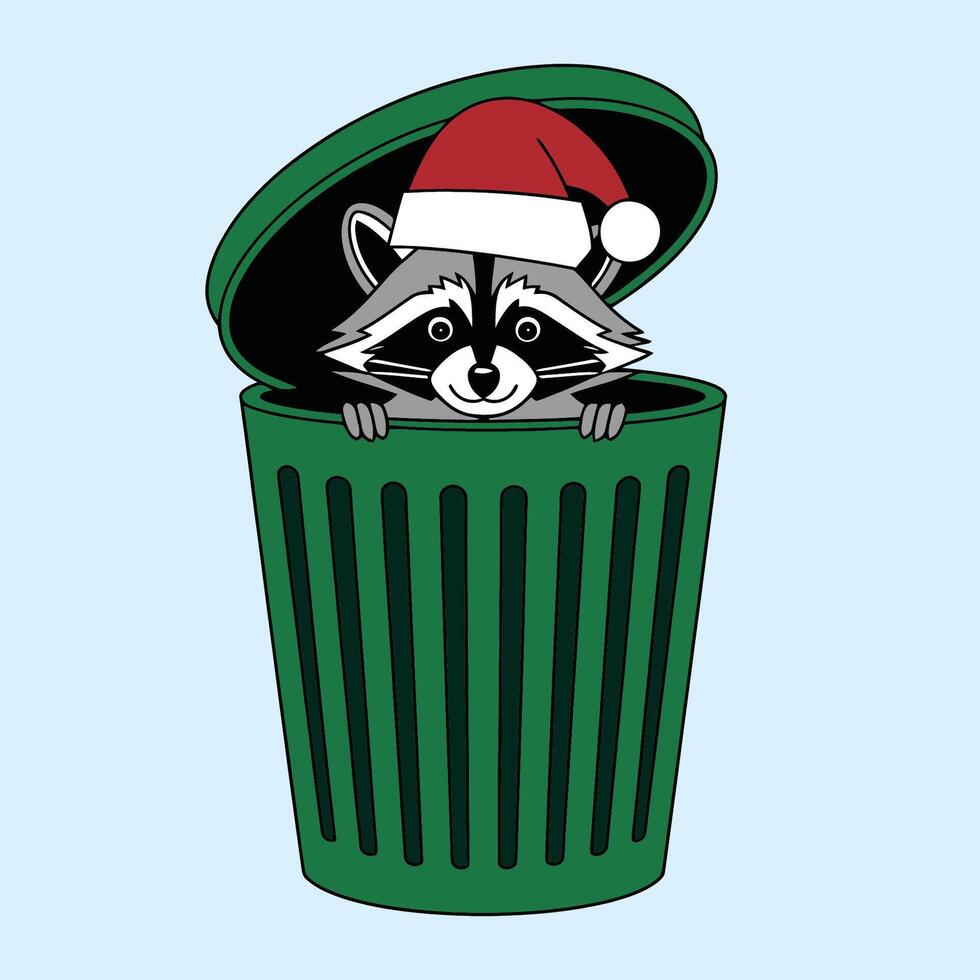 Raccoon with Santa Hat in Trash Can Illustration vector