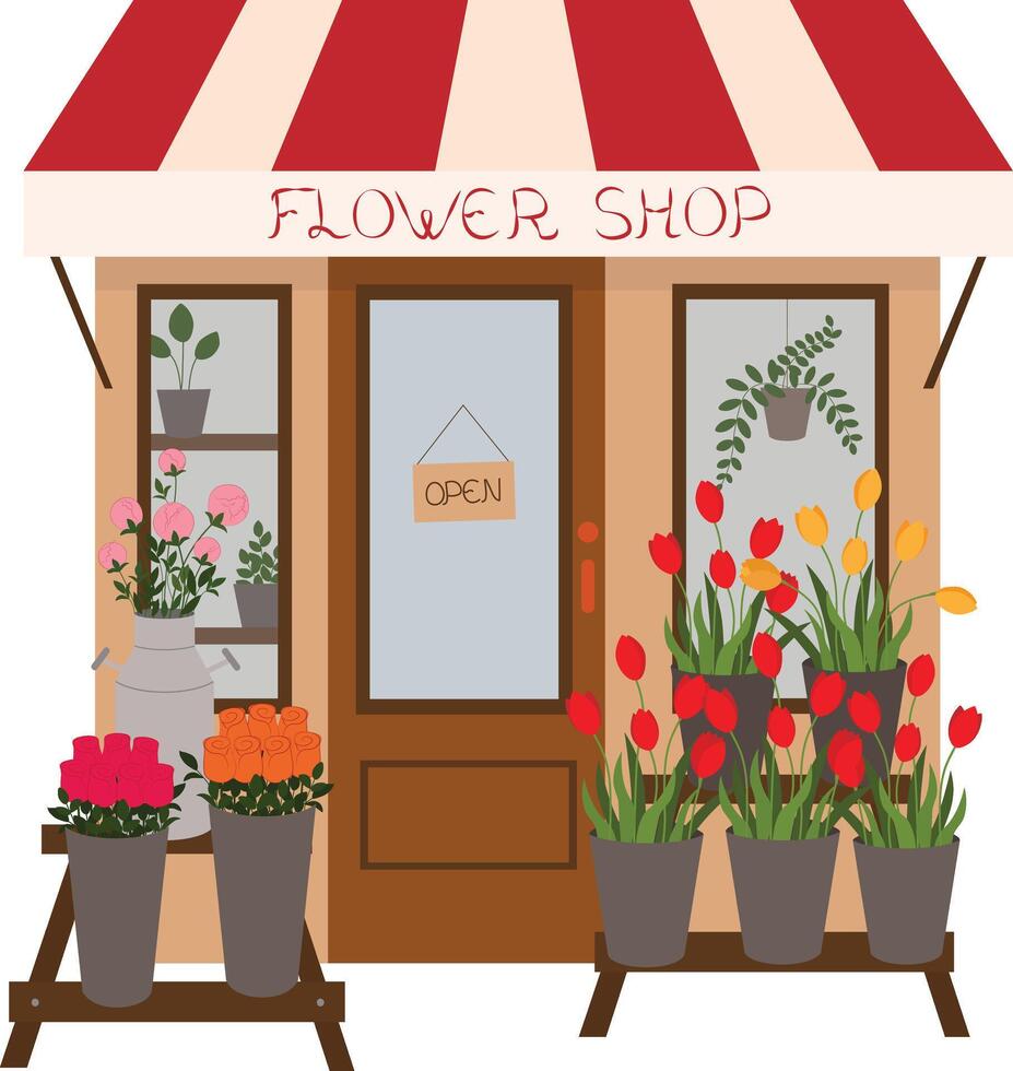 Vintage flower shop template with tulips, roses and peonies vector
