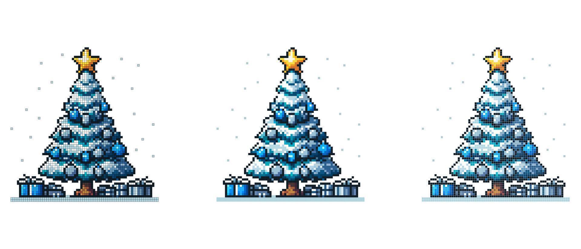 A pixel art Christmas tree covered in snow with a star on top and blue ornaments surrounded by wrapped gifts on the ground vector