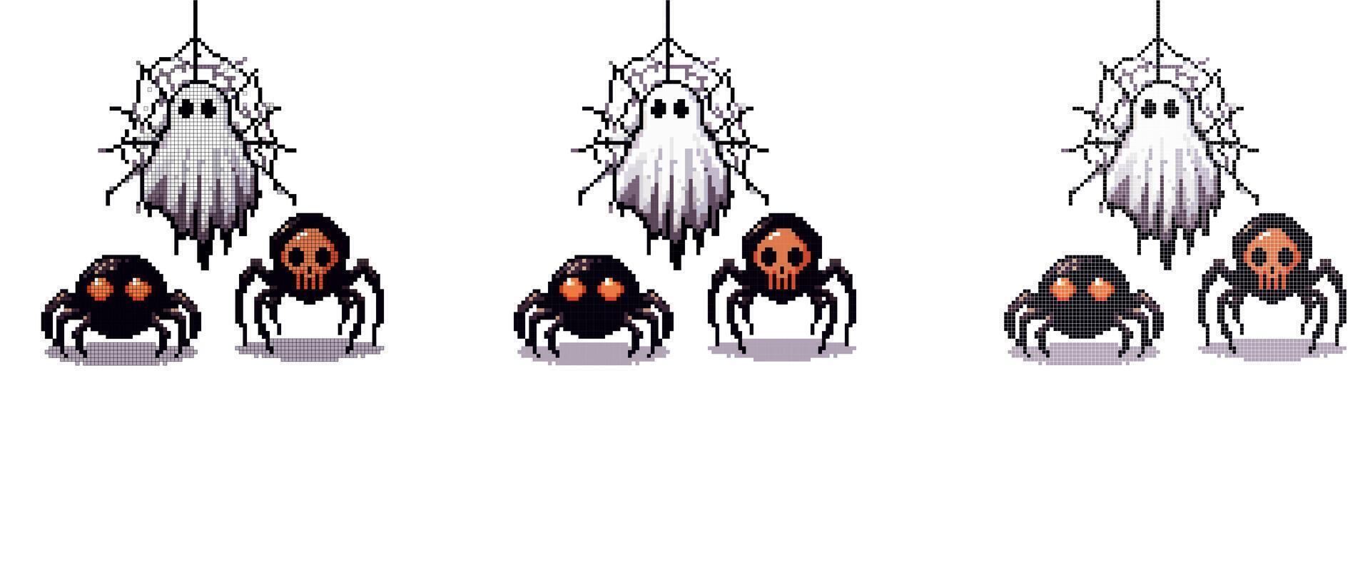 A pixel art ghost hangs from a spider web with two spiders below one with red eyes and the other with a skull face vector