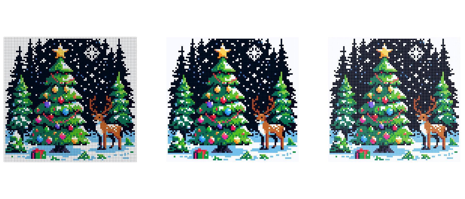 A decorated Christmas tree with colorful ornaments stands in a snowy forest with a reindeer nearby under a starry night sky. vector