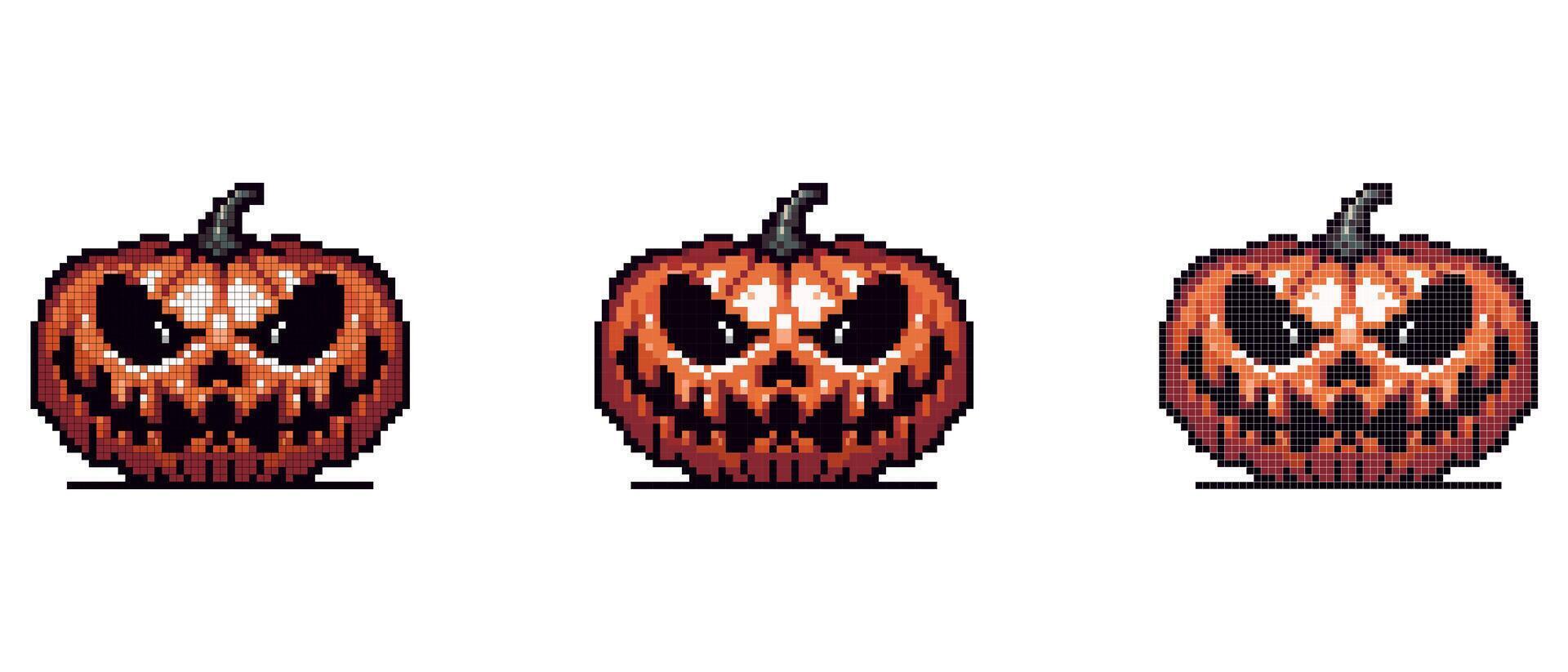 A pixel art image of a Halloween pumpkin with a sinister face and dark eyes and mouth on a white background vector