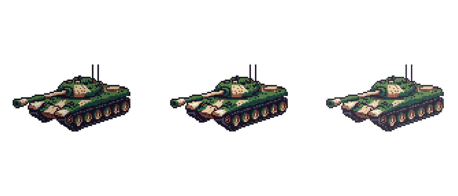 This image shows a pixel art tank with a green and beige camouflage pattern and two antennas. vector