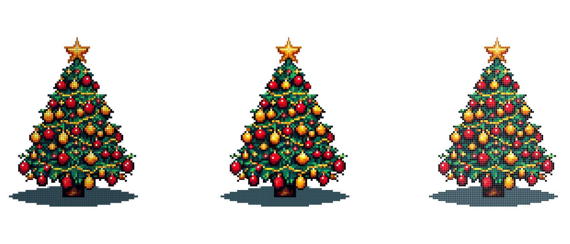 A pixel art Christmas tree decorated with red and gold ornaments and topped with a shining star. vector