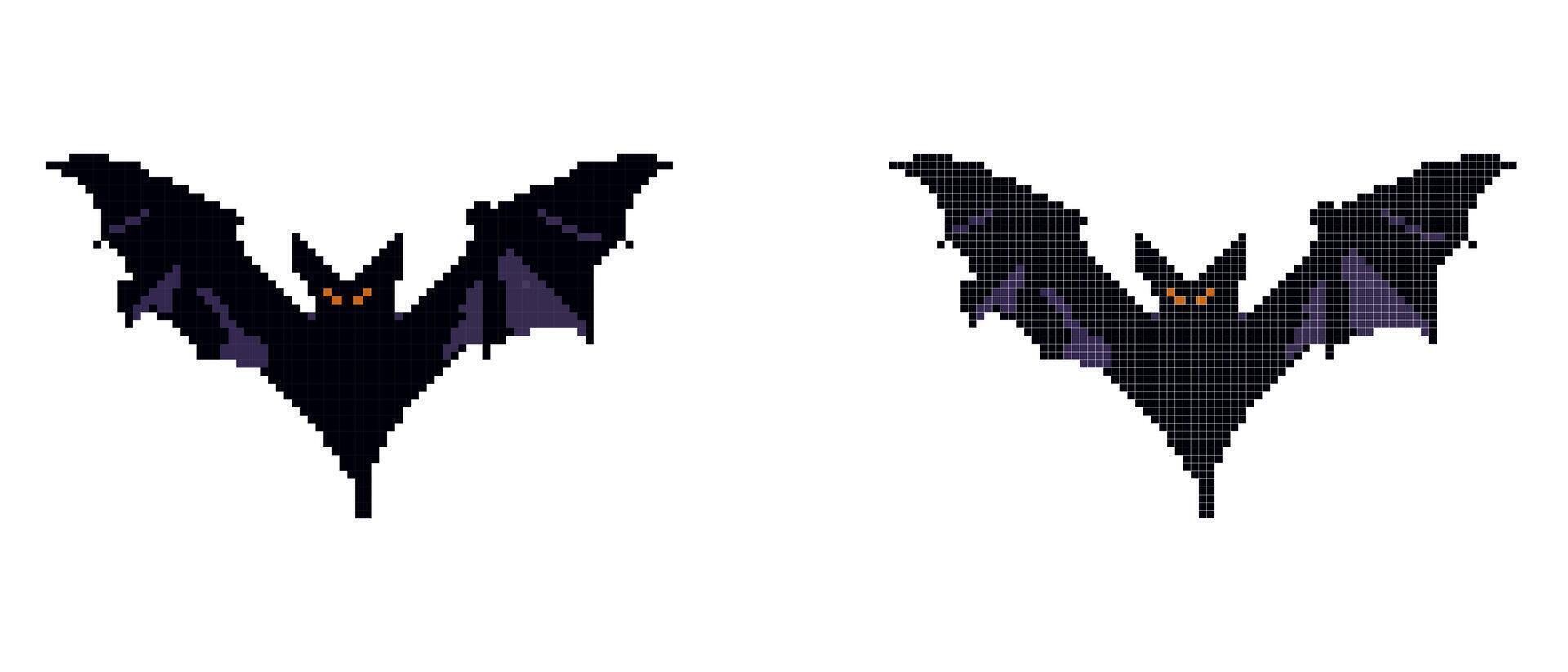 A pixel art black bat with orange eyes and outstretched wings against a white background. vector