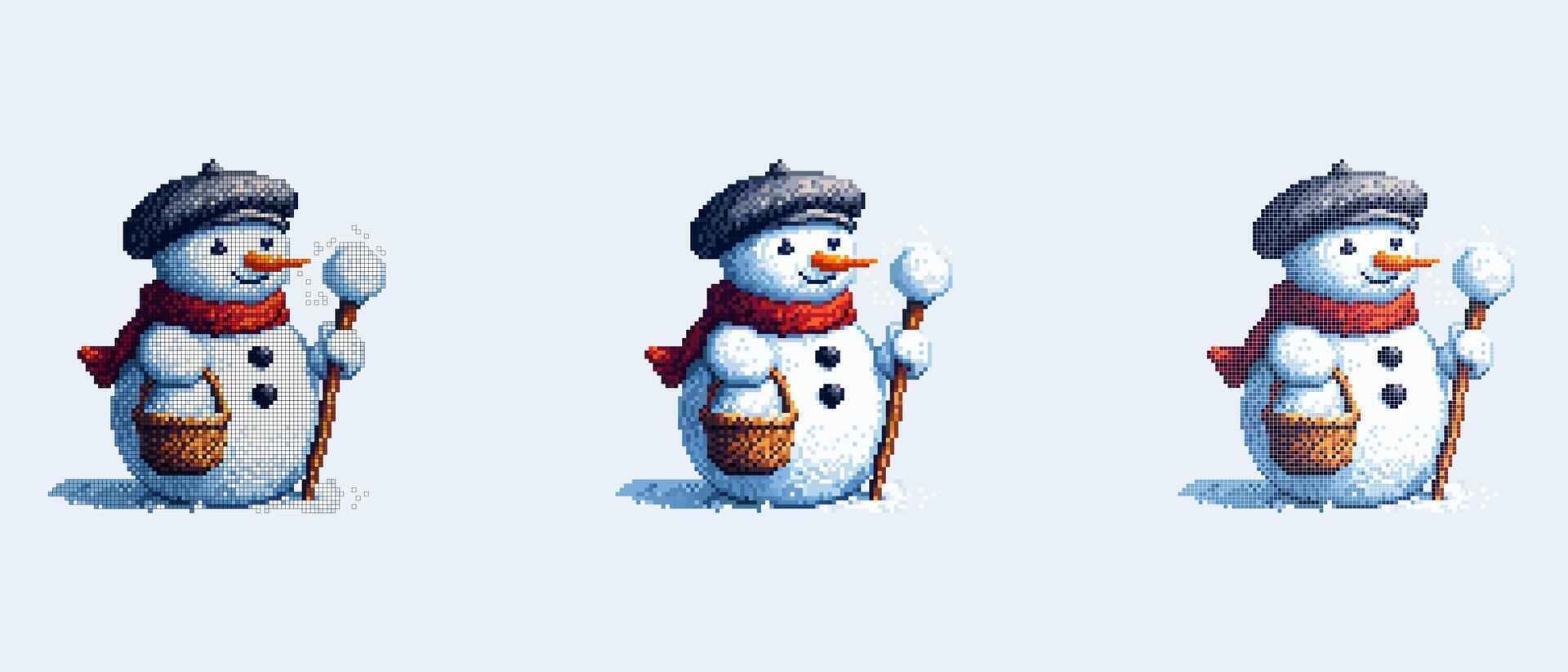 A pixel art snowman in a black beret and red scarf holds a snowball on a stick and a basket. vector