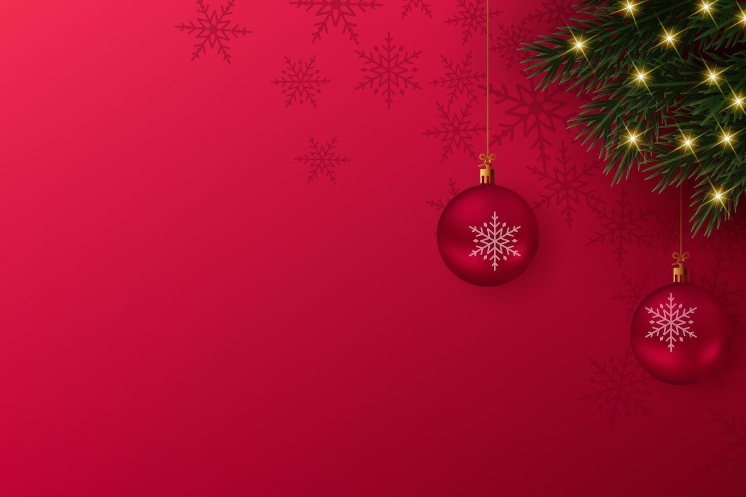 Christmas Banner Red Background With Ball, Tree Branch And Snowflake. vector