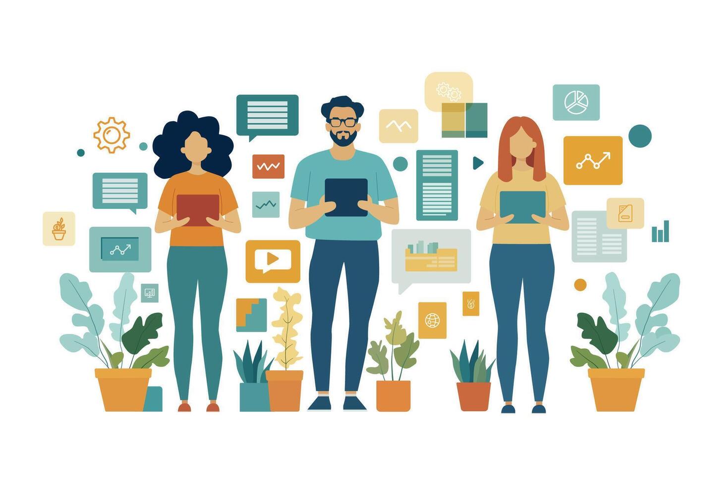 A group of people working together to share ideas, plan and report on business. vector