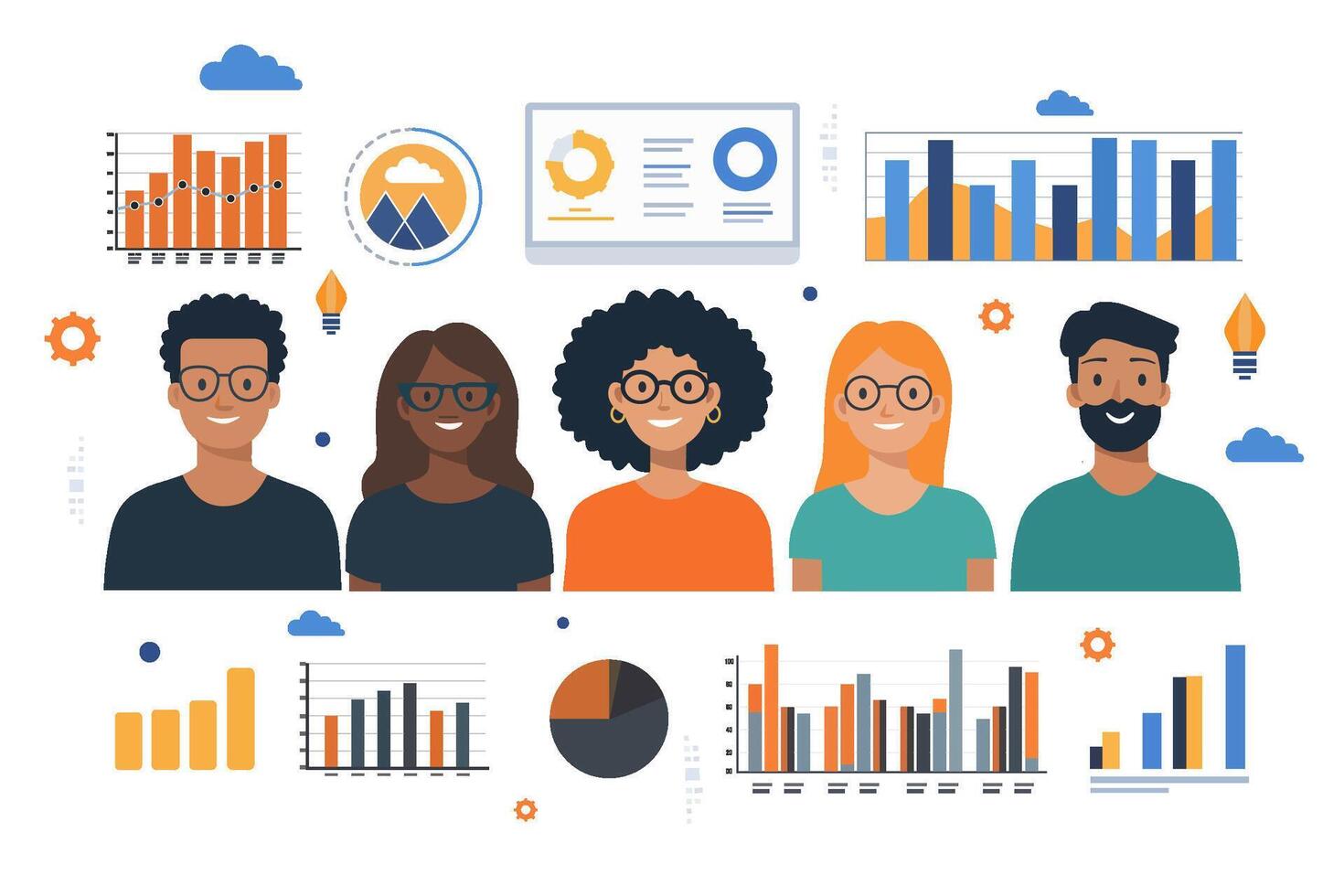 A set of elements and business people think together and report the results of the work. vector