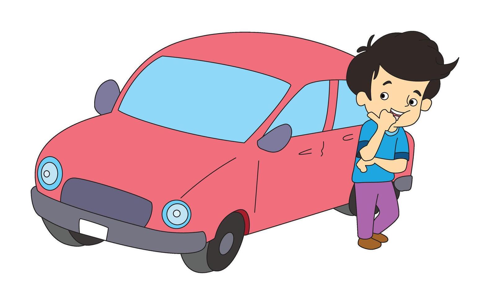 Cute boy standing behind the car vector