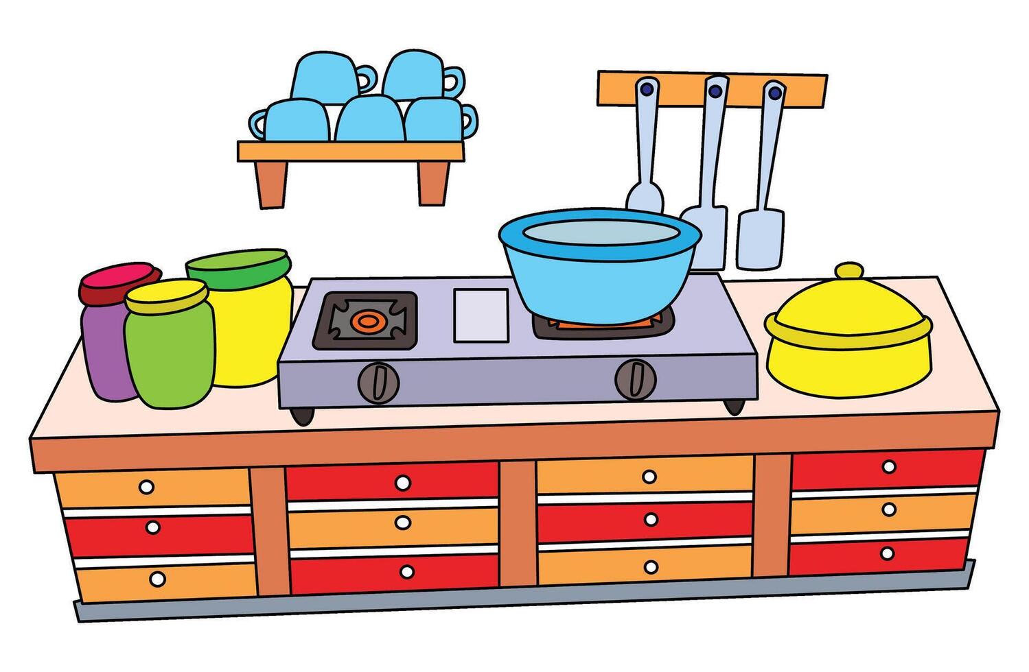 A cartoon drawing of a kitchen with a stove vector