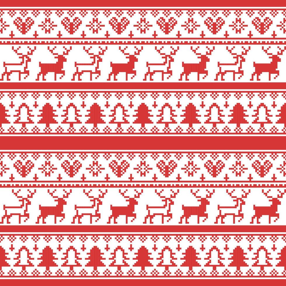 Seamless pixel art Christmas pattern with red and white reindeer, hearts, snowflakes, and trees, perfect for holiday designs, gift wrapping, textiles, wallpapers, and festive decorations. vector