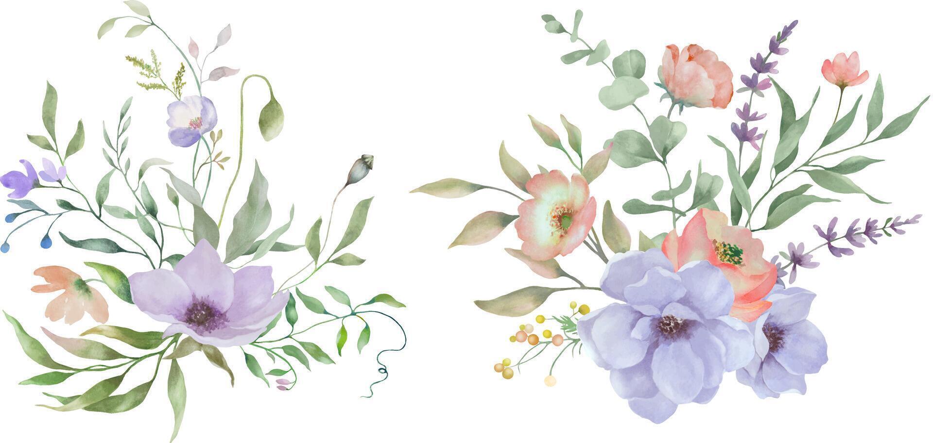 Set of watercolor floral premade compositions. Hand drawn illustration. vector