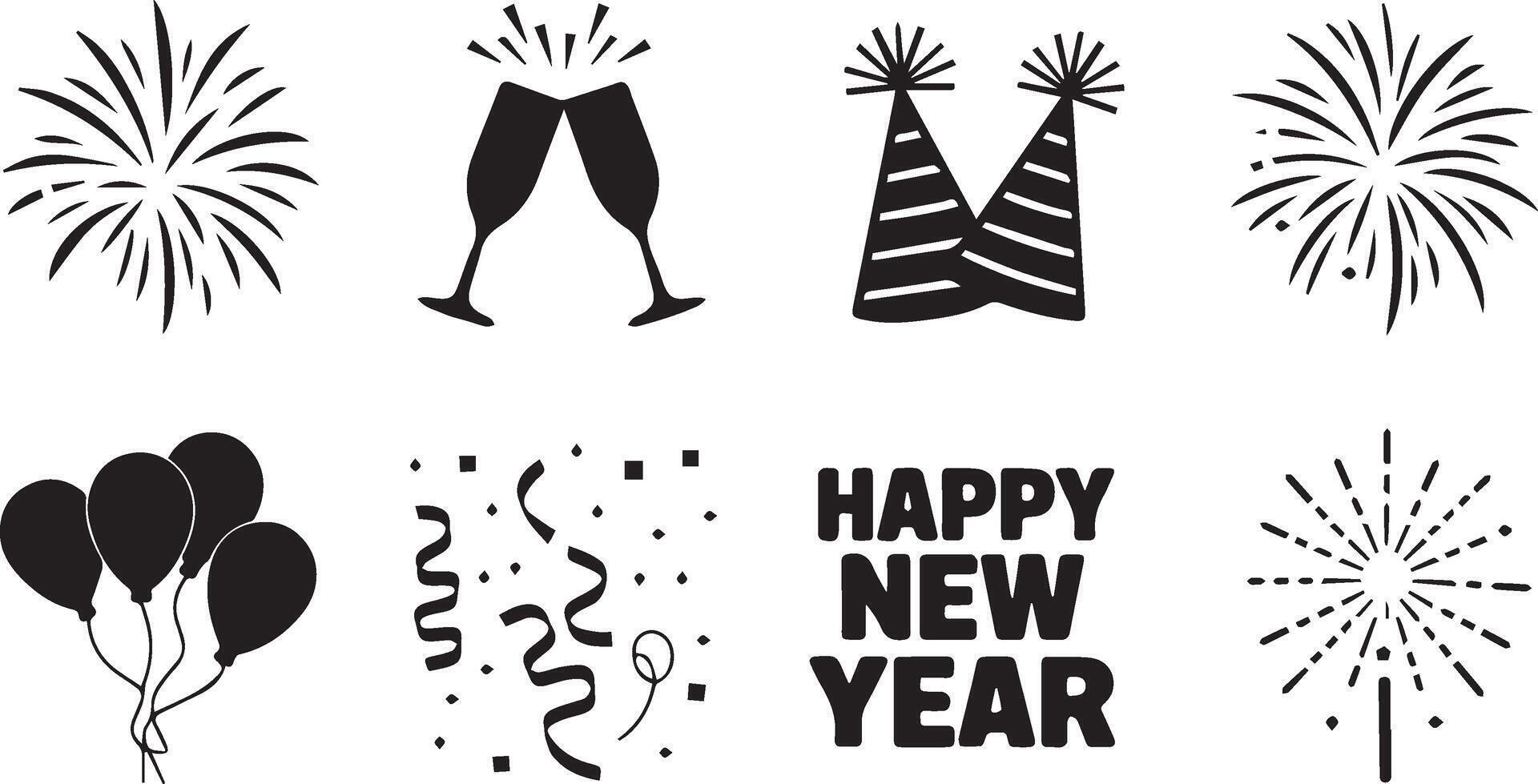 a silhouette image set featuring iconic elements for celebrating the New Year vector