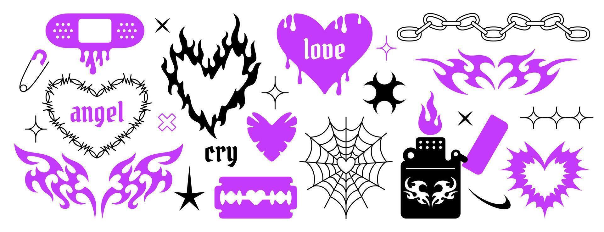 Y2k gothic tattoo icon set. Neo tribal stickers, fire flame, barbed wire love heart, purple butterfly, razor blade, safety pin, goth chain. Hand drawn neotribal cyber sigilism elements in trendy style vector