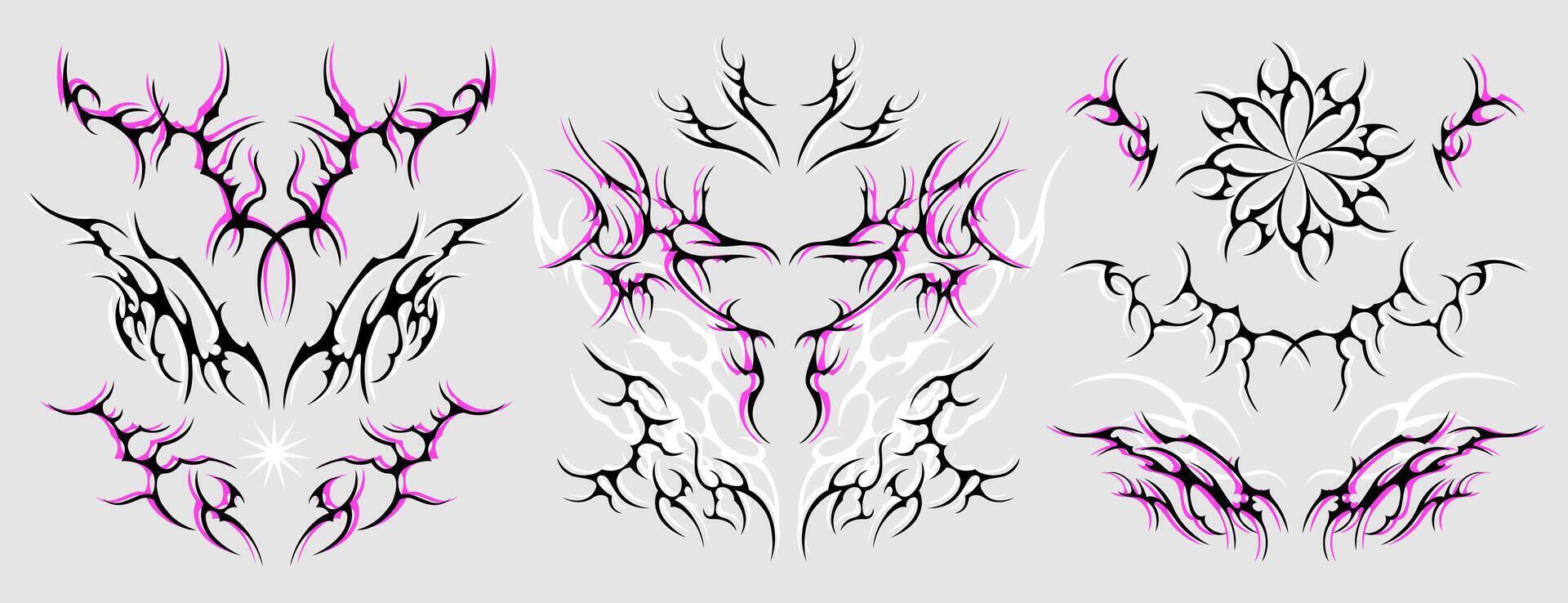 Neo tribal tattoo set. Neotribal gothic butterfly with wings, flame, spike, womb, symmetrical abstract dividers. Cyber sigilism y2k design elements. Celtic gothic body ornaments, emo stylized stickers vector