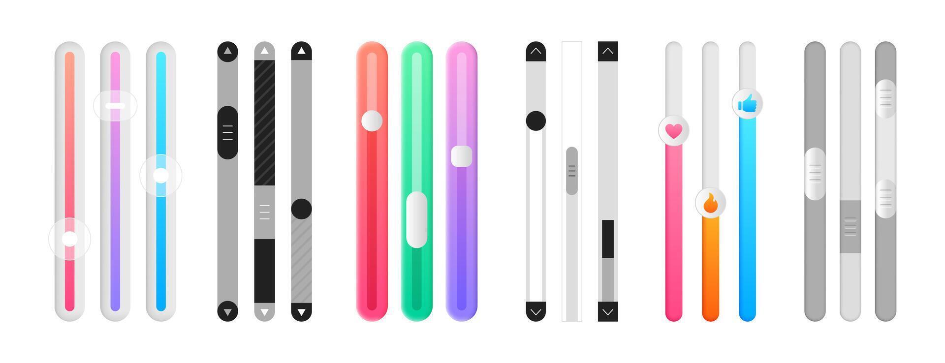 set of scroll bars. Vertical colored sliders, scrollbars. Web design elements for website or internet page. Menu graphic ui interface scrolls control, brightness controller, volume slider. vector
