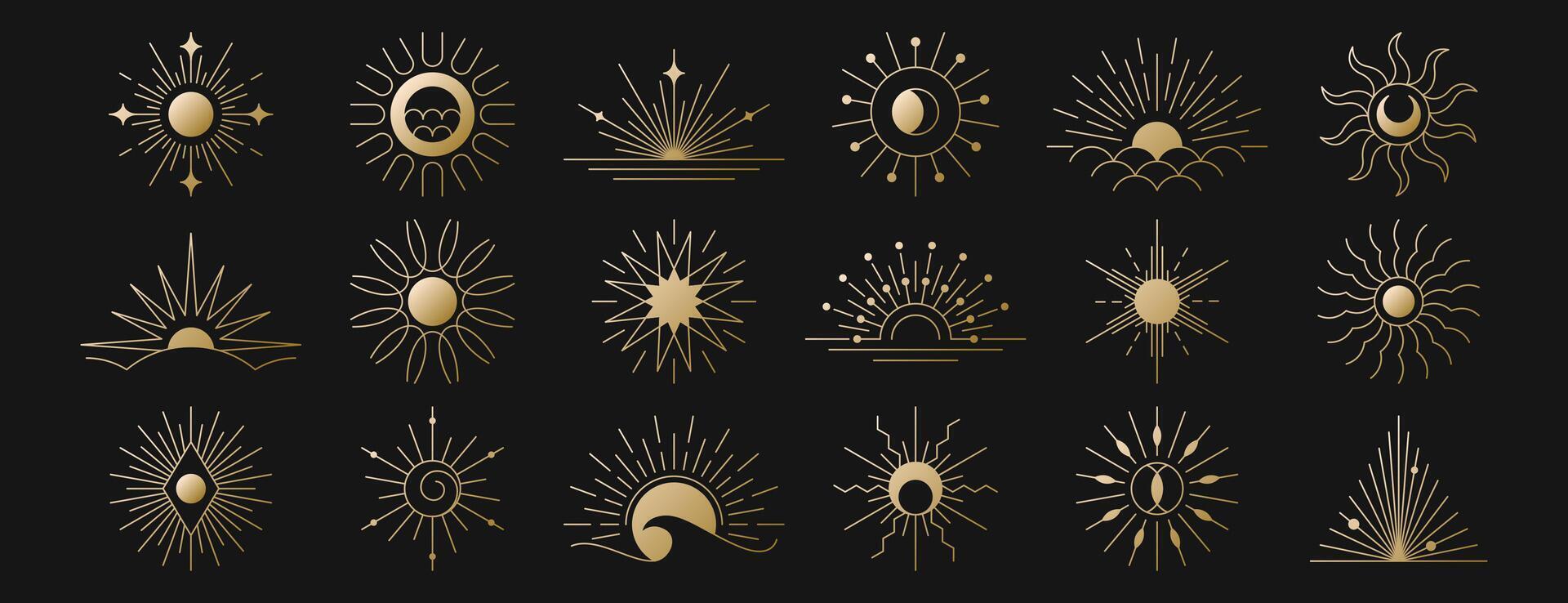 Set of golden linear boho sunrise logo, sunset icons, light beam or morning sun rays. Hand drawn sunburst, outline sunbeams, sunshine. Mystic symbols, magic esoteric gold line bohemian design elements vector