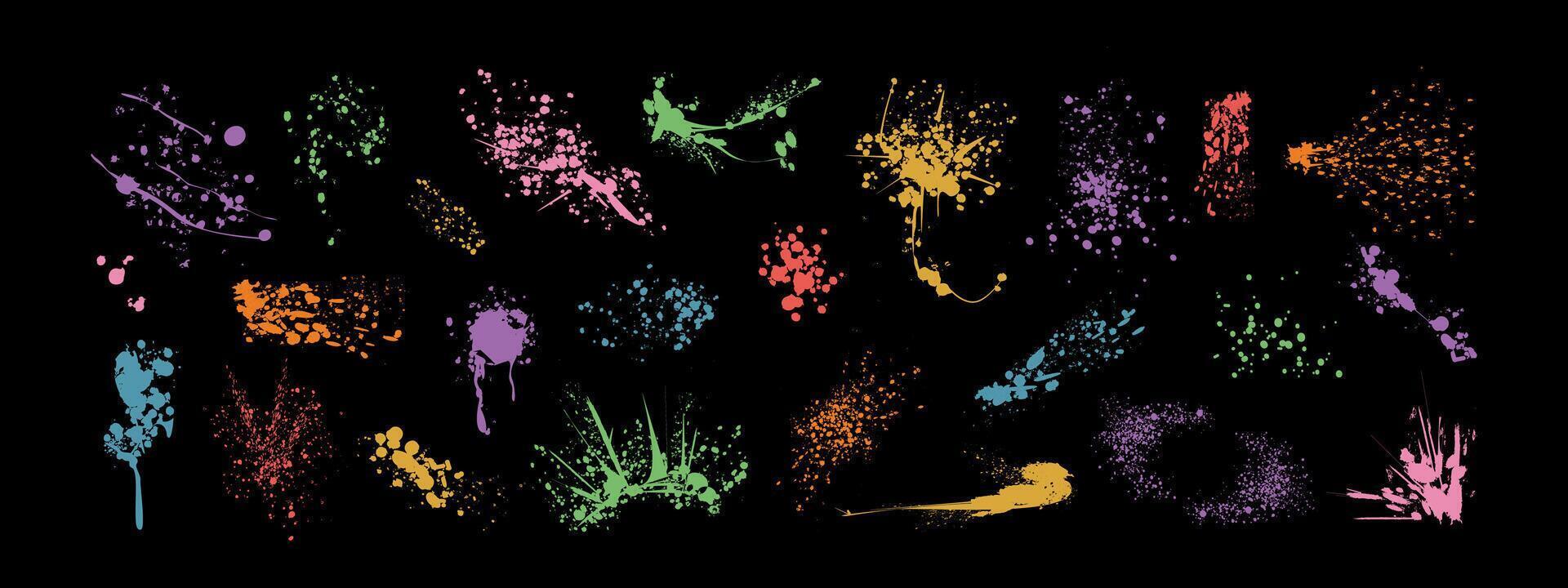 Spray paint drips, color inky blots or splatters. splashes, graffiti speckles or inkblot spots with dust effect. Paintbrush splotch, ink drops, liquid blobs. Abstract dirty grunge splash stains vector