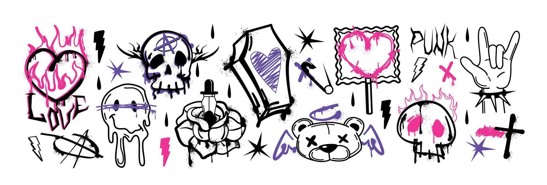 Spray paint graffiti element set. Street art gothic skull, bear head, burning heart, coffin, rose flower and sparkles. Grunge ink stickers, hand gesture, trippy melting smiles with splatters and drips vector