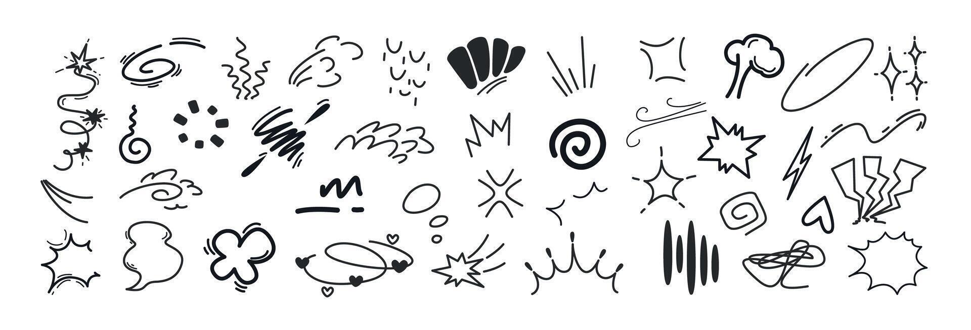 Line movement elements, japanese manga emotion effects doodle icons set. Hand drawn anime comic expression symbols or scribbles. Explosions, swirl, emphasis, wind, sparkles and decorative action lines vector