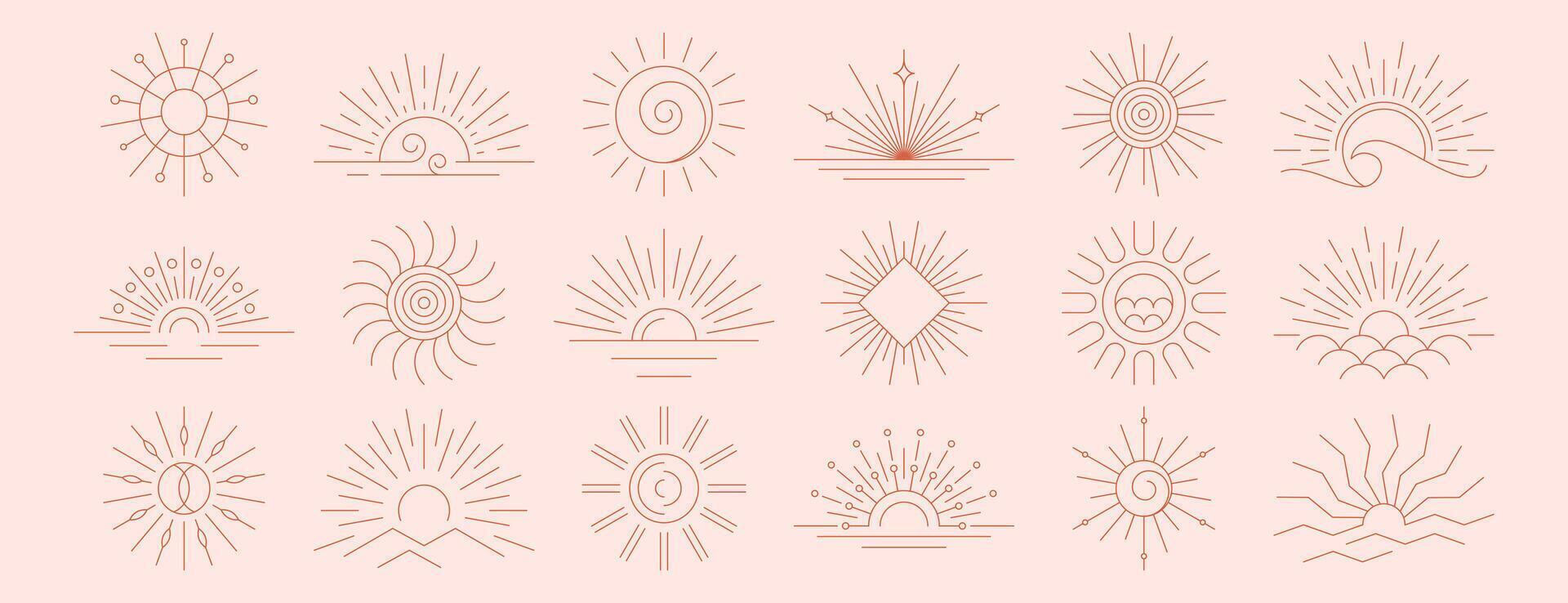 set of linear boho sunrise logo, sunset symbols or sun rays. Hand drawn sunburst, outline sunbeam thin line design elements in minimal bohemian style. Mystic magic esoteric spiritual icons vector