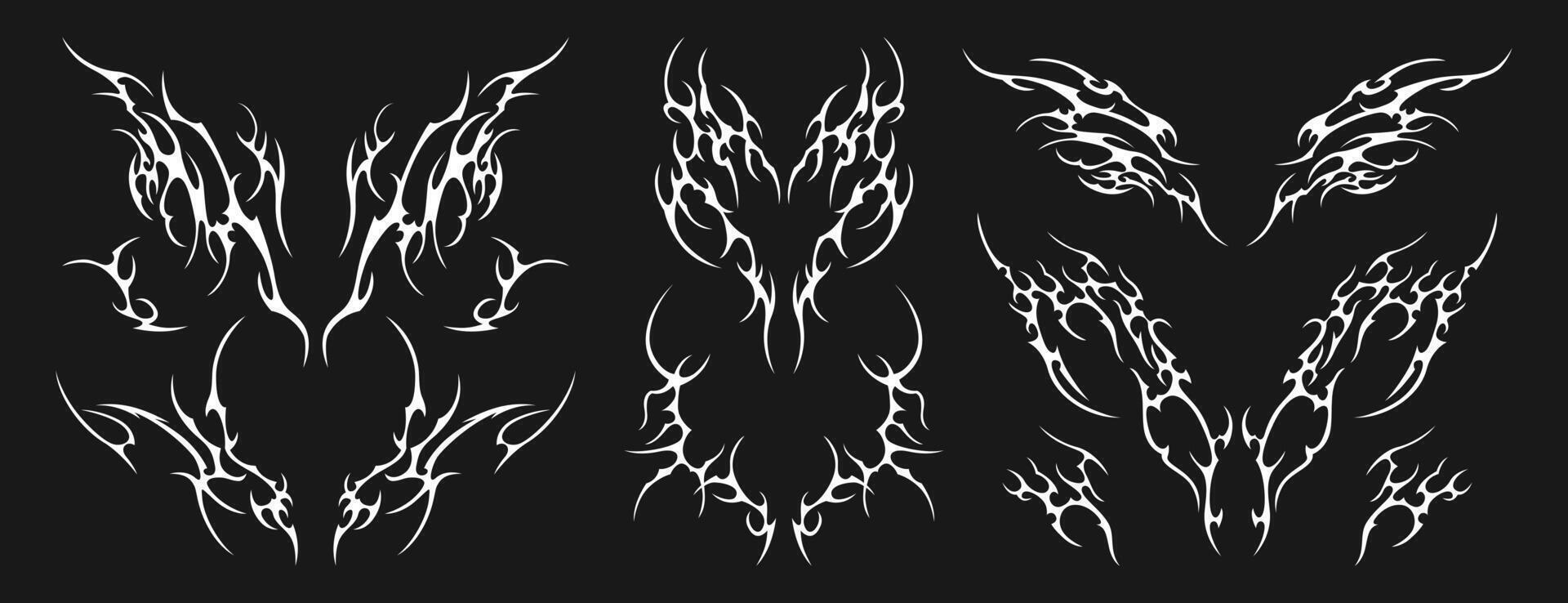 Neo tribal tattoo set. Neotribal gothic butterfly with wings, flame, heart, womb, symmetrical abstract dividers. Cyber sigilism y2k design elements. Celtic gothic body ornaments, emo stylized stickers vector