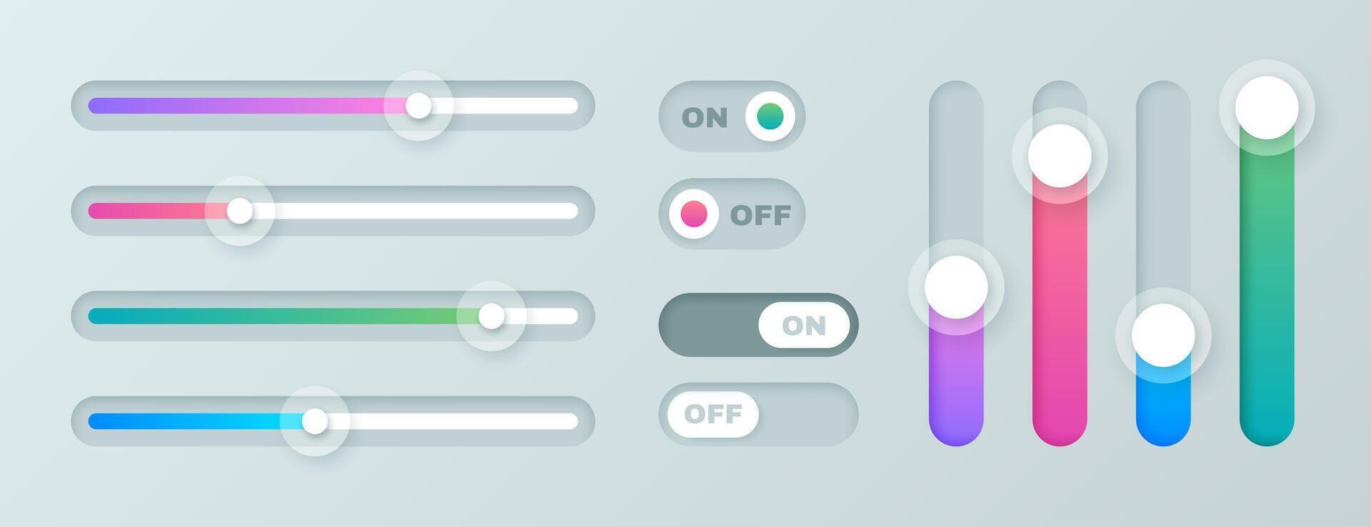 set of scroll bar icons. Colored sliders, computer scrollbars. Web design elements for website, app user interface or internet page. Brightness controller, turn on and off toggle switch buttons vector