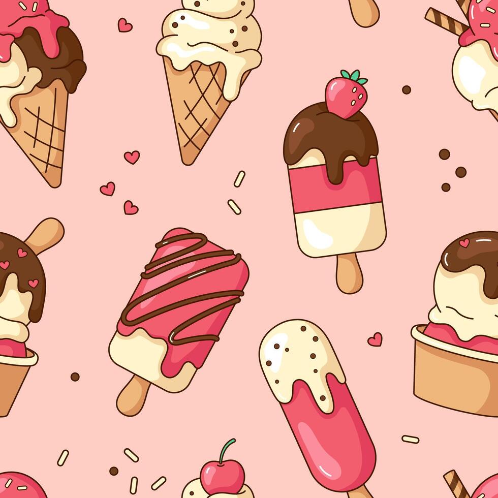 Cute kawaii cartoon ice cream desserts, eskimo seamless pattern, background, illustrations vector