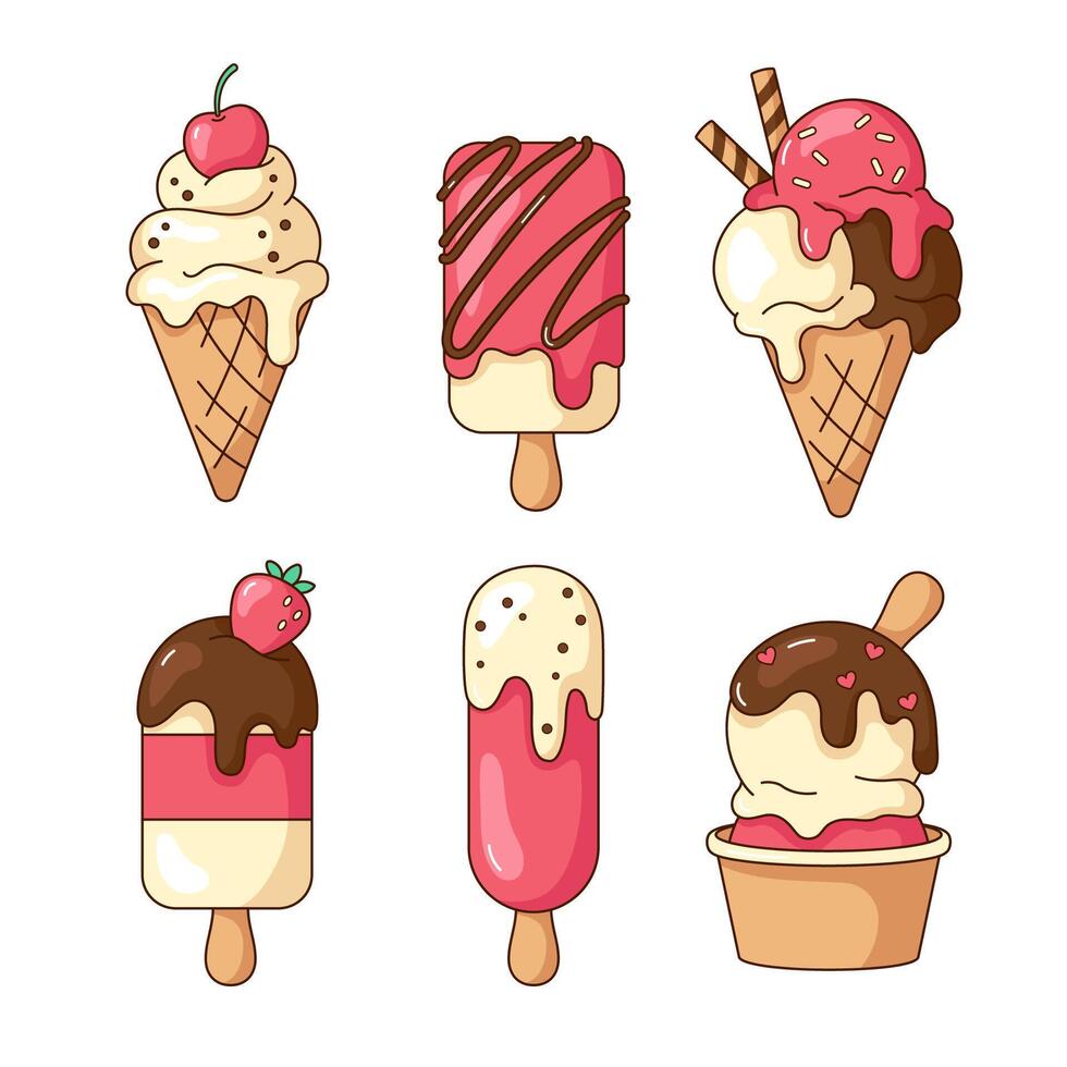 Set of cute kawaii cartoon ice cream desserts, eskimo vector