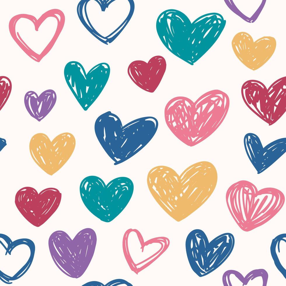 Hand-drawn doodle hearts seamless pattern, background. Heart shapes and silhouettes drawings, scribble illustrations vector