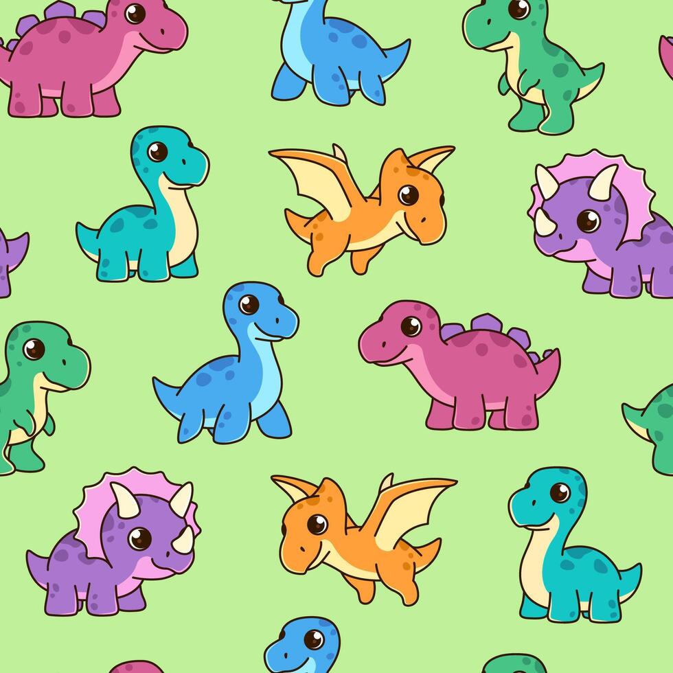 Cute cartoon style kawaii dinos seamless pattern, background. Dinosaurs characters, kids illustration vector