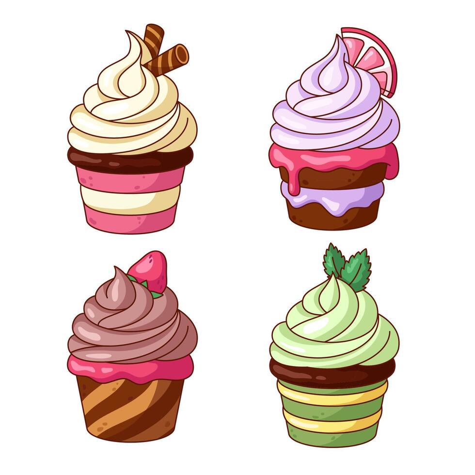 Set of cute cupcakes, cartoon style desserts illustration, drawings vector