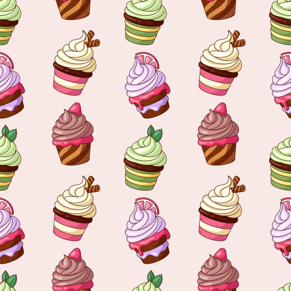 Cute cupcakes, cartoon style desserts seamless pattern, backgroun, illustration, drawings vector