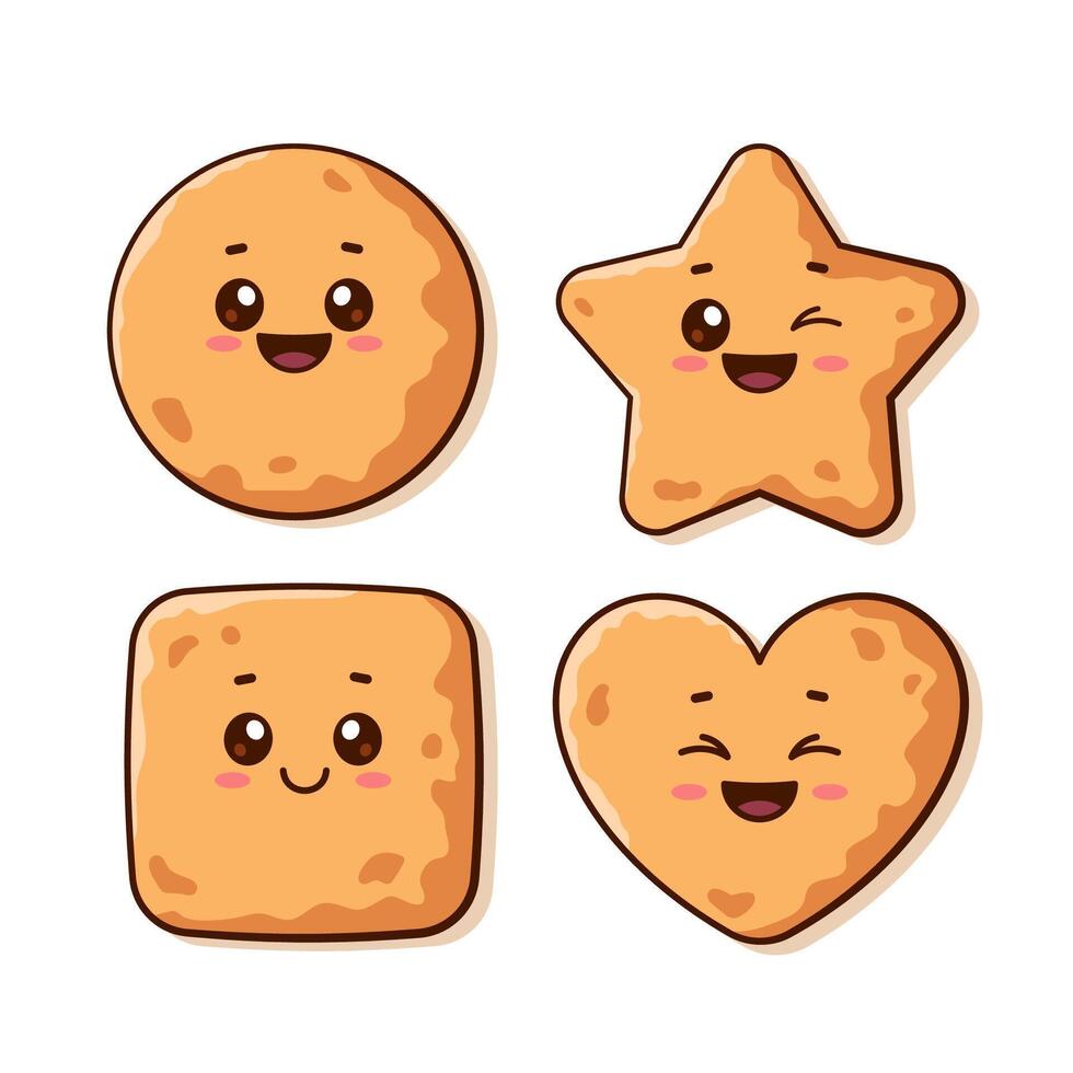 Cute cartoon style kawaii cookie characters, smiling biscuits, pastry. Set of simple kids illustrations vector