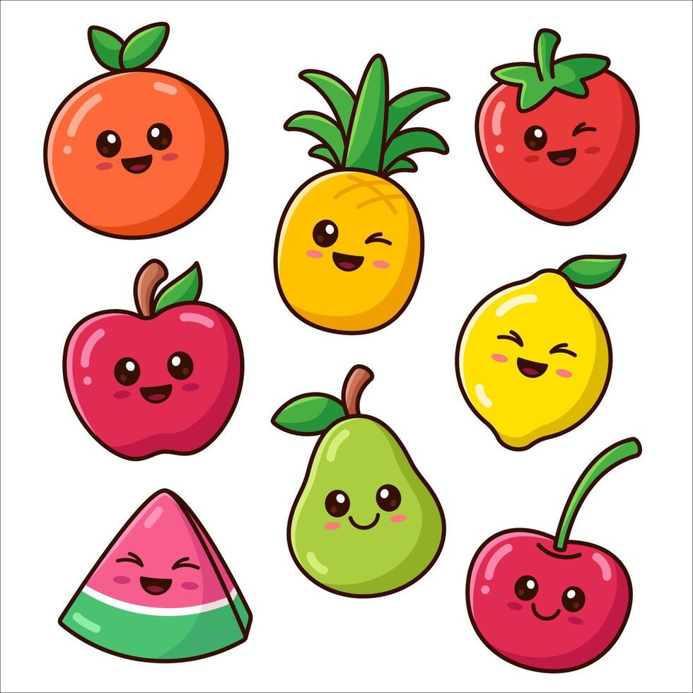 Set of cute kawaii smiling fruits and berries, illustration, cartoon style vector