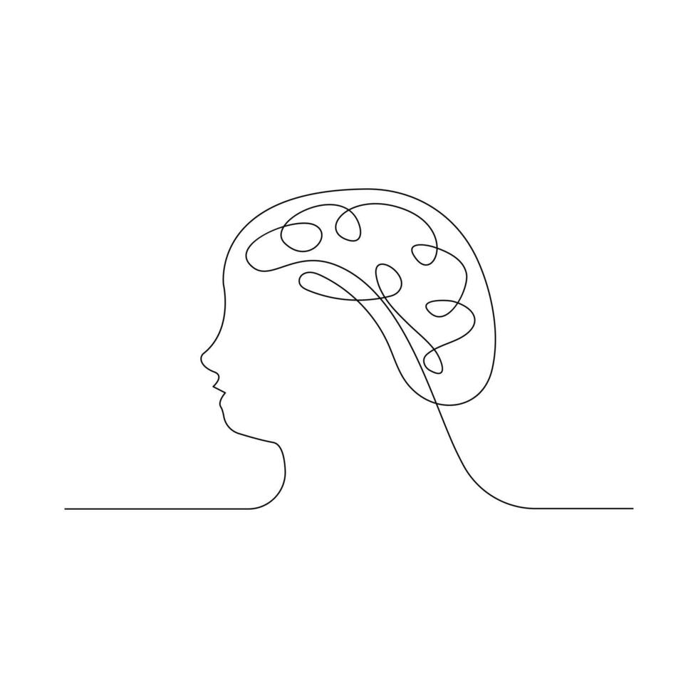 Human brain in one continuous line drawing with head art illustration concept of psychology and intelligence. Editable stroke illustration vector