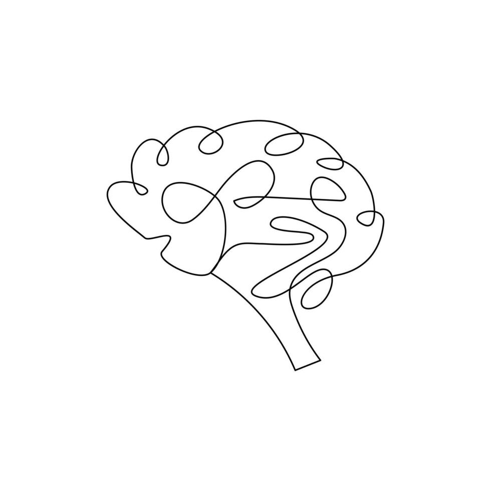 Human brain in one continuous line drawing art illustration concept of psychology. Editable stroke illustration vector