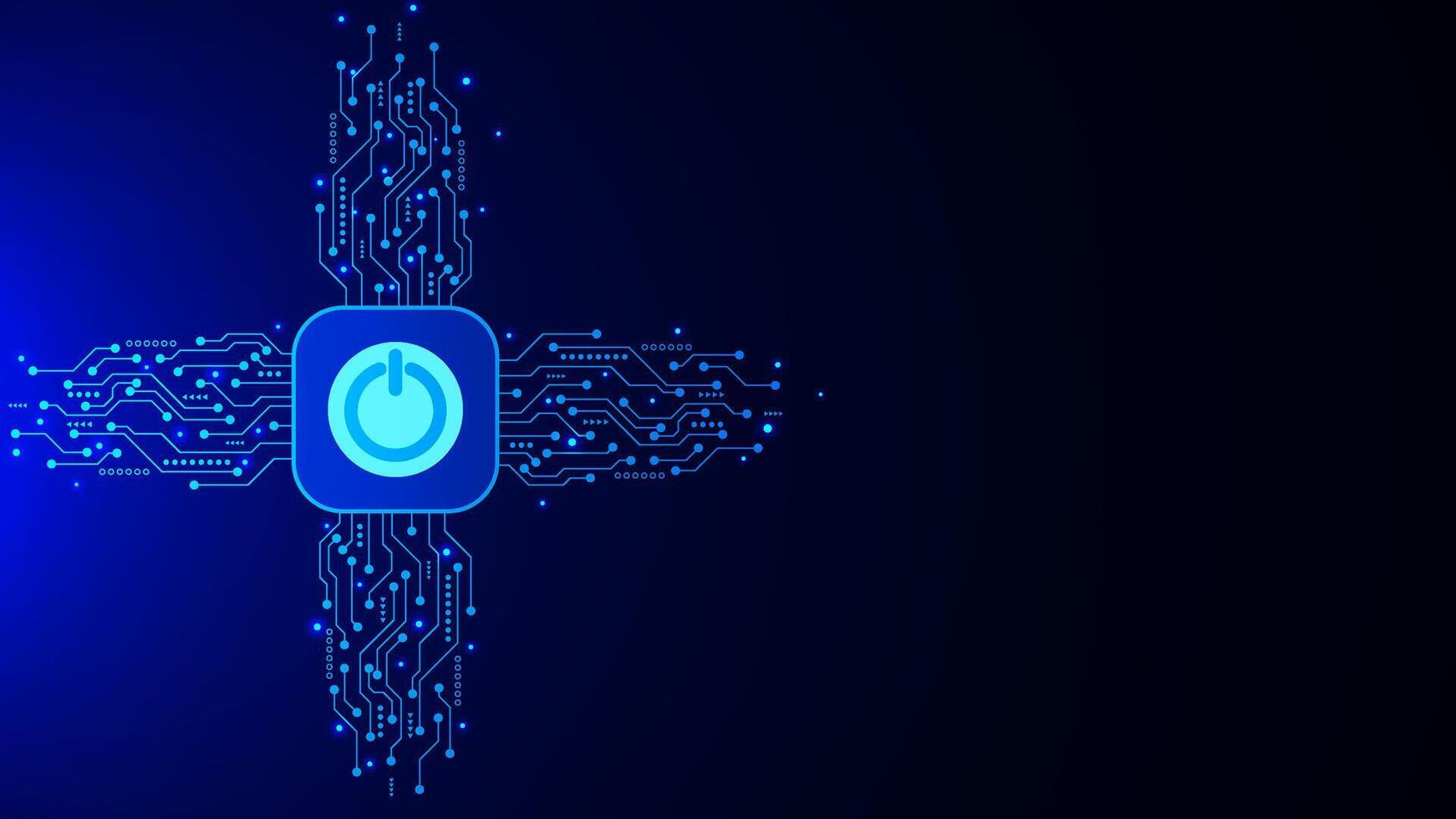 Power button with circuit board and glowing particles. Hardware equipment concept on dark blue vector