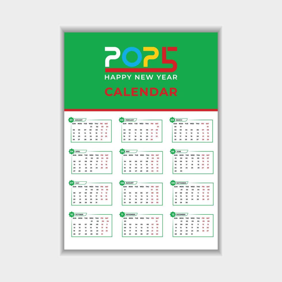 2025 One Page Calendar Design Template vector