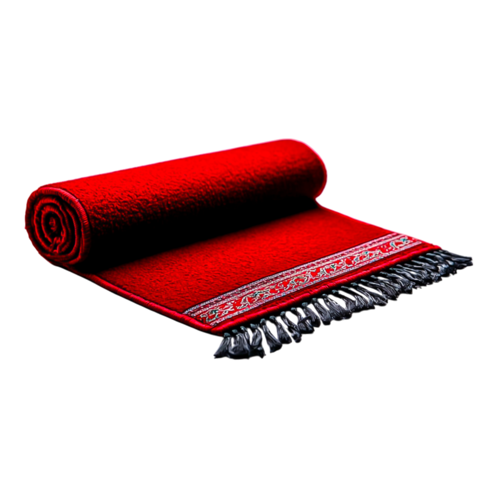 Bright Red Rolled Carpet with Intricate Border and Fringes png