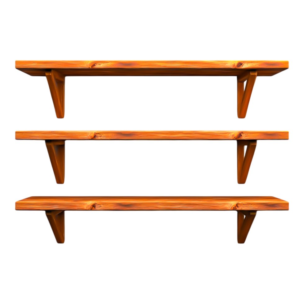 Wooden Shelves on Wall with Decorative Brackets for Interior Storage png
