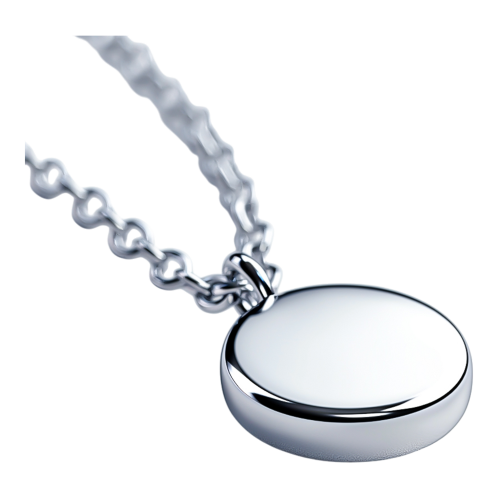 Silver necklace pendant with reflective surface and chain design png