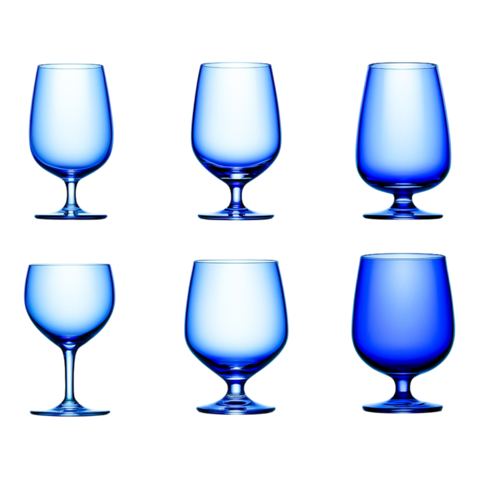 Blue Glass Drinkware Set Featuring Various Elegant Shapes and Styles png
