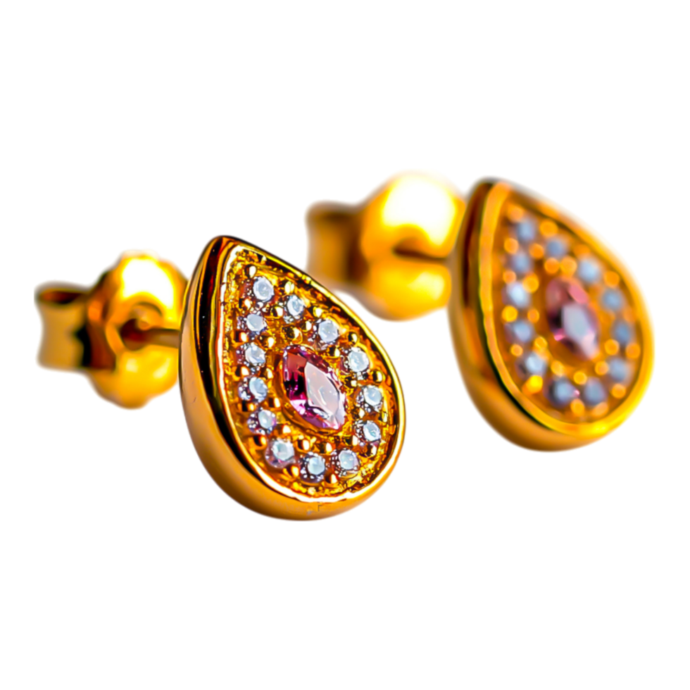 Elegant Gold Teardrop Earrings with Pink Rhinestones and Sparkle png