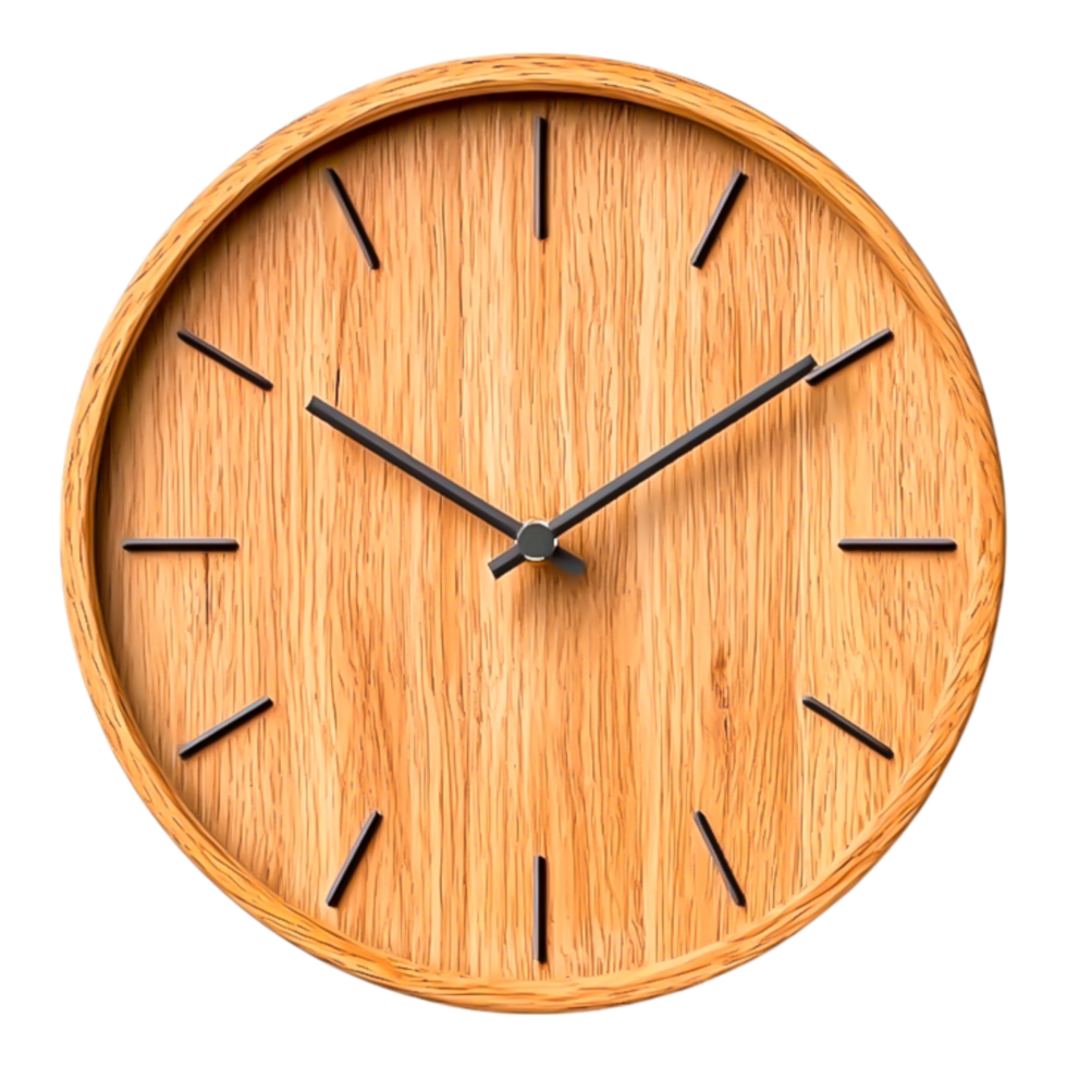 Elegant Wooden Wall Clock with Minimalist Design and Simple Dial png